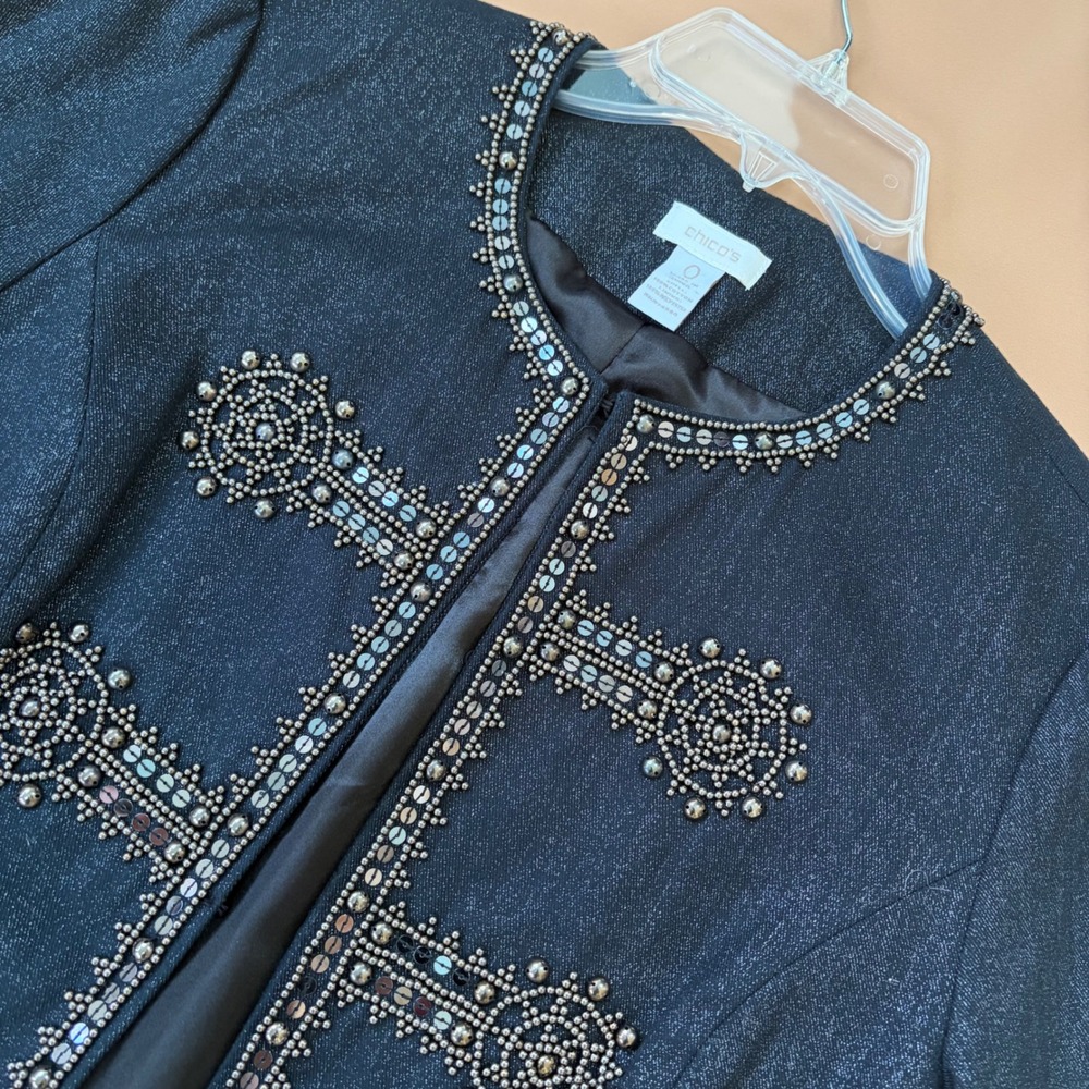 Chicos Military Band Denim Jacket Beaded Sequin Metallic Denim Black Blue 0 S - Picture 2 of 13